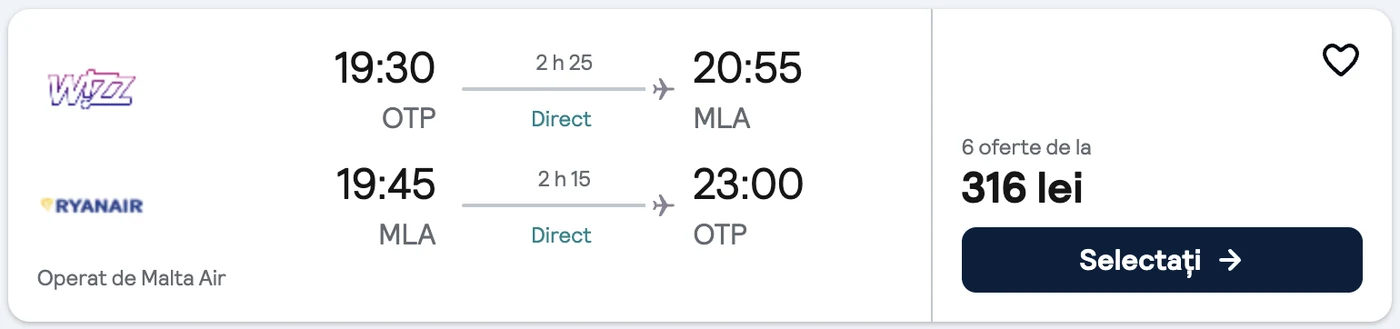 Zboruri București - Malta pe 21 și 24 octombrie 2026, de la 316 lei