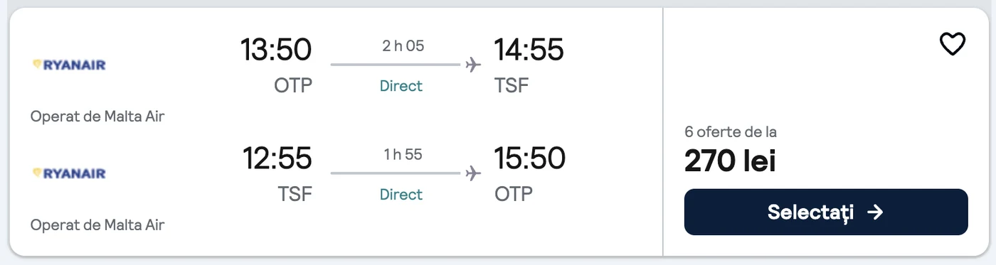 Zboruri Ryanair București - Treviso pe 22 și 25 septembrie 2026, de la 270 lei